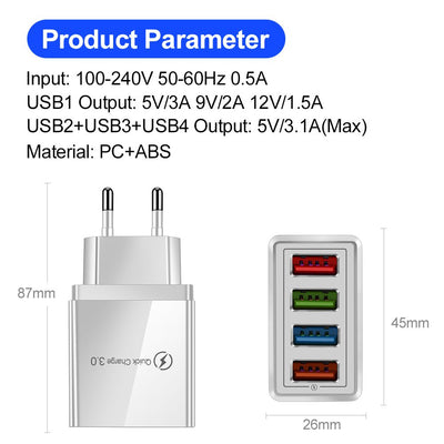 USB Charger Quick Charge 3.0 4 Phone Adapter For Tablet Portable Wall Mobile Charger Fast Charger - TS Store